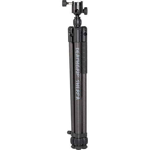 BOG DeathGrip Sherpa Tripod offers ultra-lightweight design, quick-change system, and versatile features like twist-lock legs and a hybrid foot for backcountry shooting.